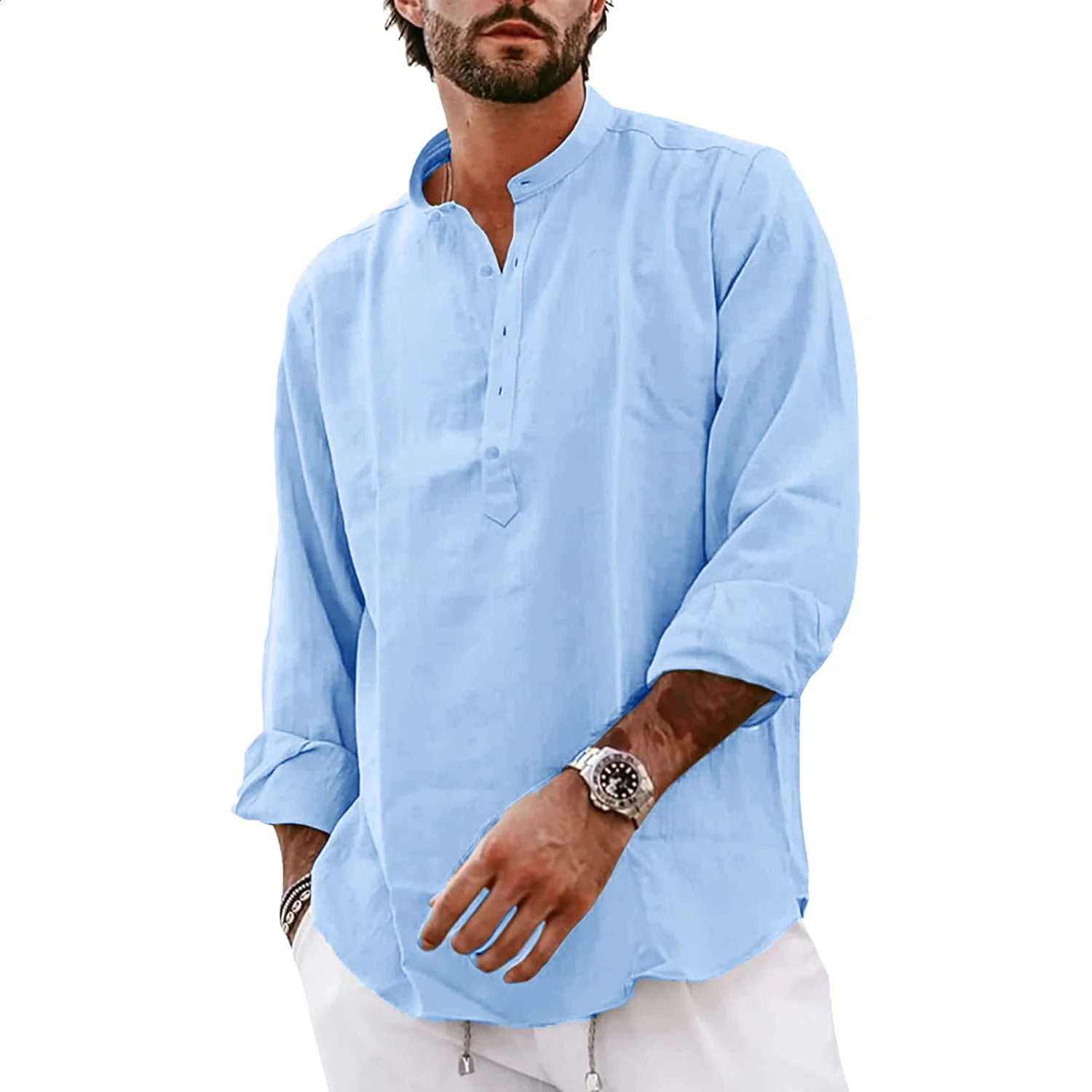 Streetwear Mens Cotton Linen Shirts Casual Lightweight Long Sleeve Henley Shirts for Men Beach Hawaiian Breathable T Shirts 250411