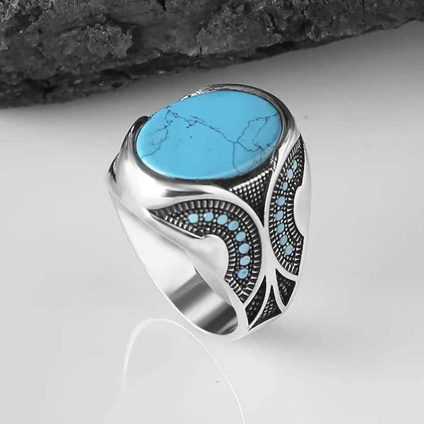 Fashionable retro turquoise mens business ringXJ250412