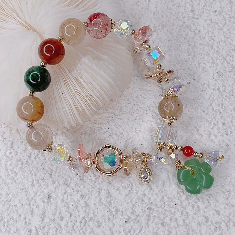 Natural green jadeite flower water droplet pendant multi-color rutile crystal bead bracelet exquisite jewelry for women YBR572 250407