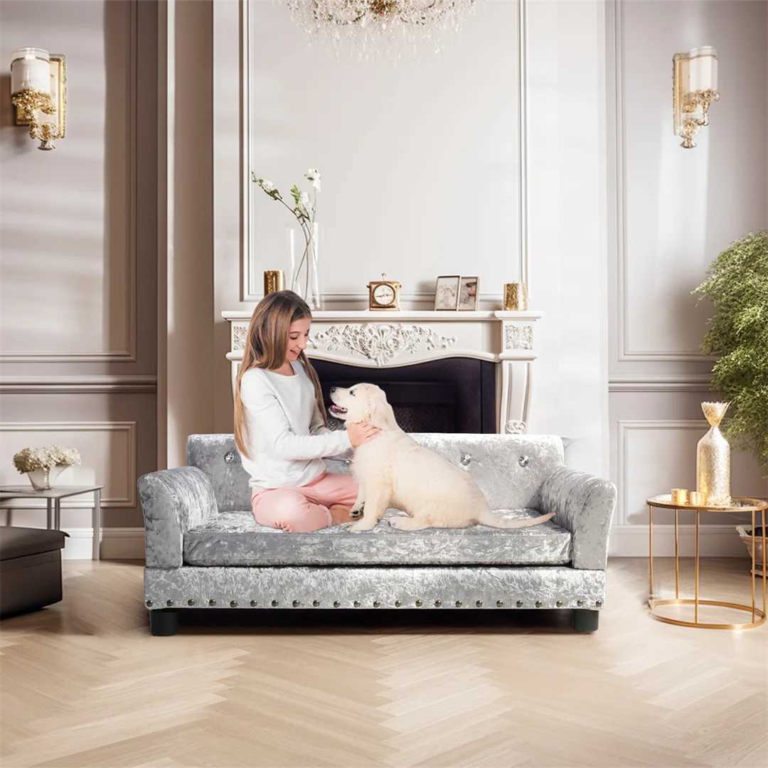 Luxury dog sofa bed with silver Dutch velvet decoration equipped with detachable pads suitable for medium to large dogs X250412