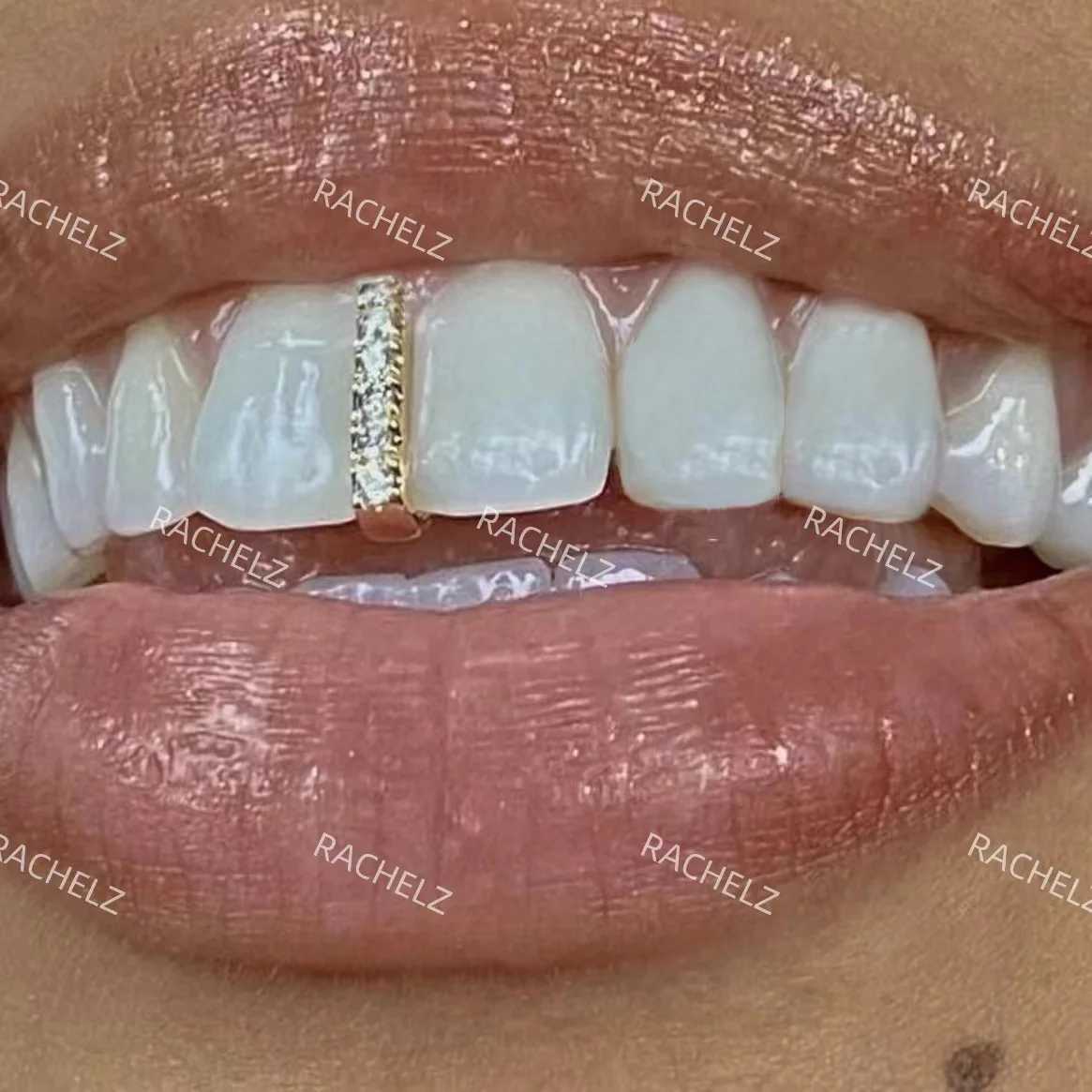 Rachelz Hip Hop Stand Bar Zircon Teeth Grillz 14K Gold Plated Long Rod CZ Stone Teeth Hat W250412