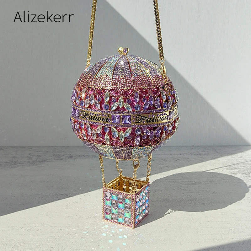 Alizekerr Air Balloon Shaped Crystal Evening Bags Women Classy Unique Rhinestone Circular Clutch Purses Wedding Party 251106