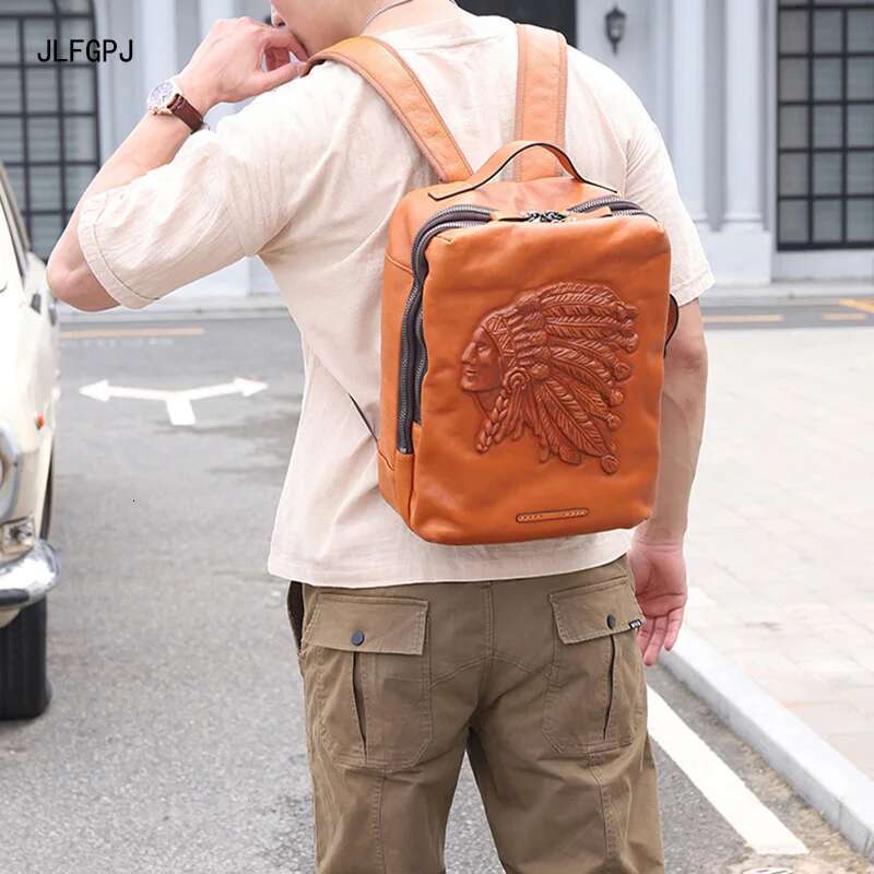 Men's Genuine Leather Backpack Trendy Fashion Tree Cream Top Layer Cowhide Large Capacity Printed Computer Bag