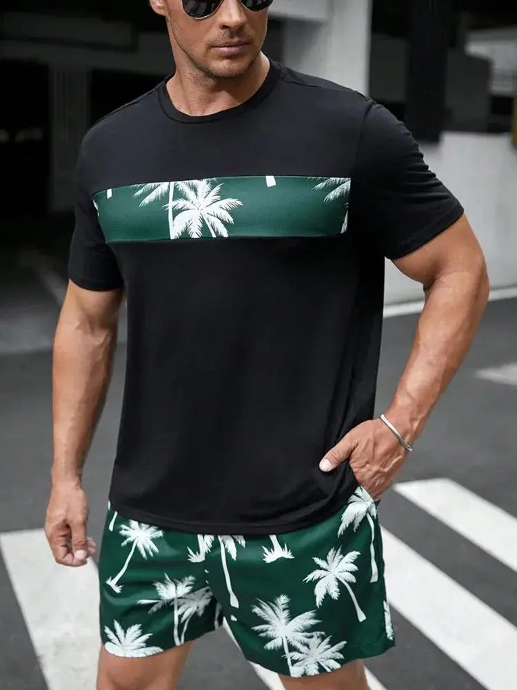 2025 mens short sleeved sports shorts two-piece casual set street diary Harajuku loose digital print summer style 250407
