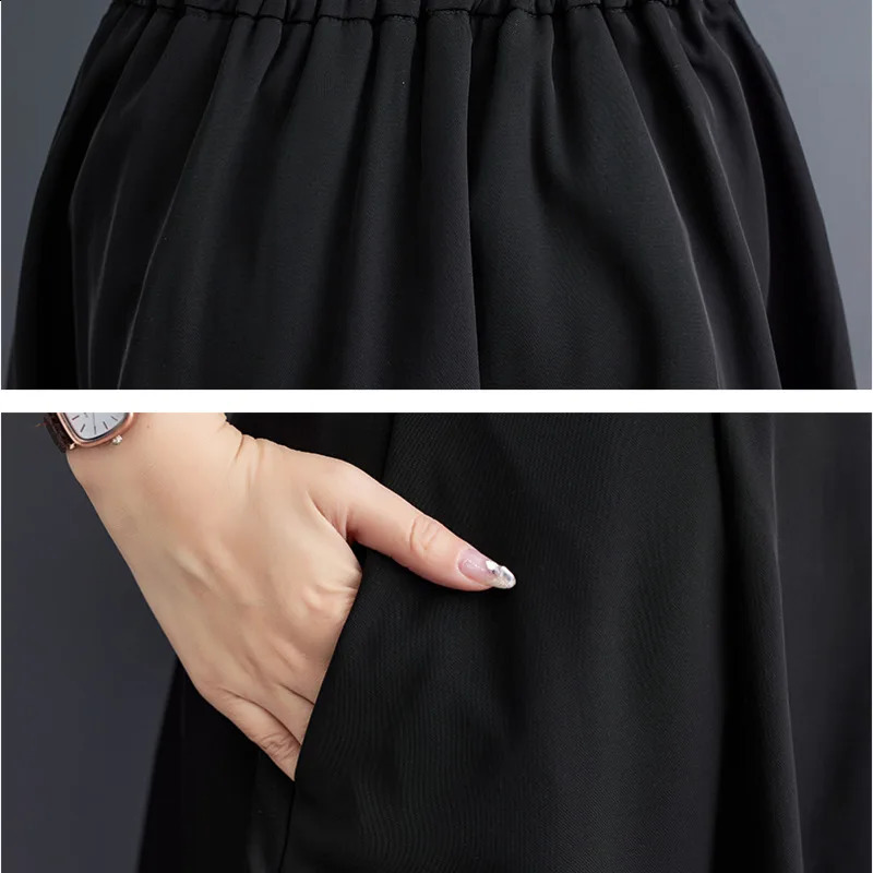 #3002 Black Midi Irregular Skirts Women Summer Loose Spliced Lace A-line Skirt Pockets High Waisted Gothic Skirt Korean Style 250411