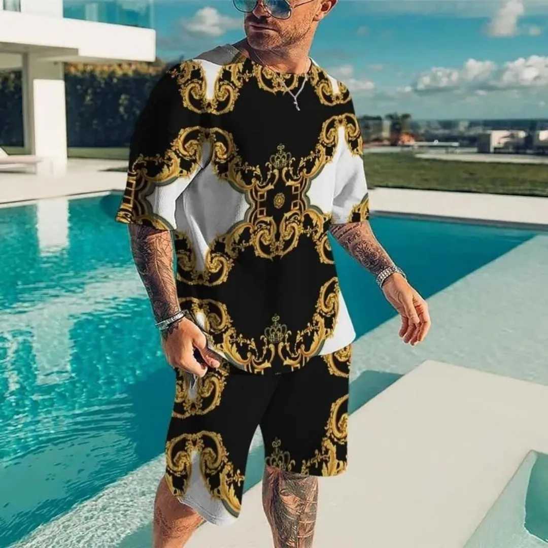 2025 Summer New Mens Luxury Gold Pattern Sports Shirt 3D Printed Short Sleeve T-shirt Set Fashion Casual Mens T-shirt Double PiXJ250412