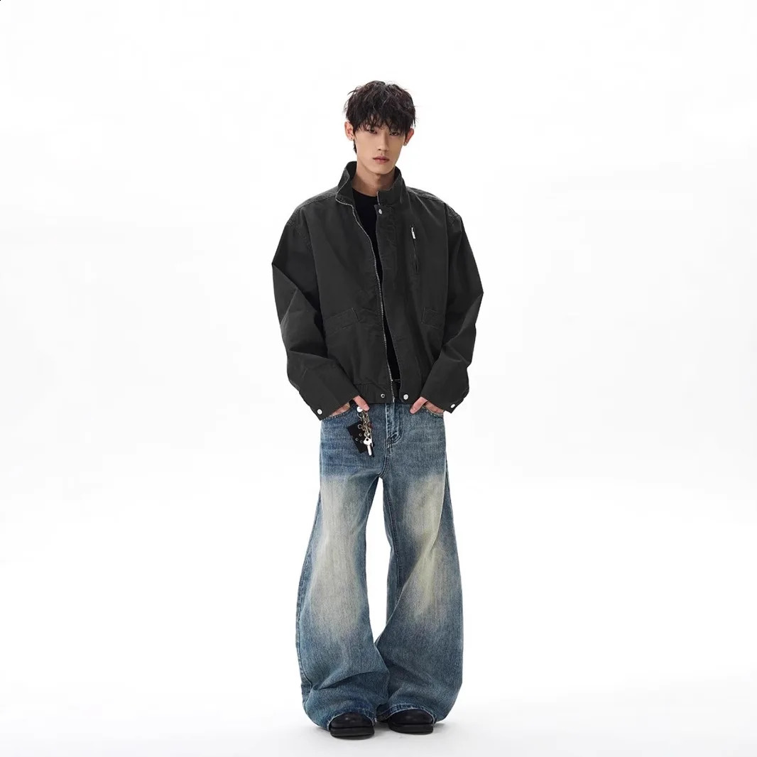 Spring and autumn mens casual trend washed retro stand up collar zipper canvas jacket American fashion retro bomber jacket 250411
