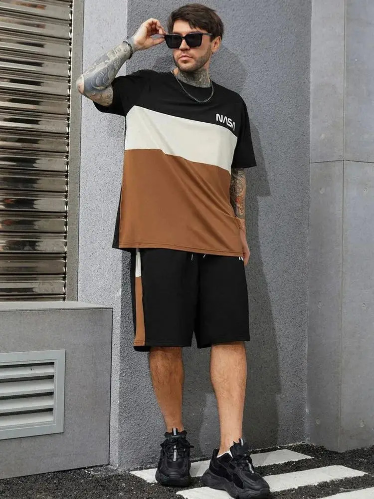 2025 mens short sleeved sports shorts two-piece casual set street diary Harajuku loose digital print summer style 250407