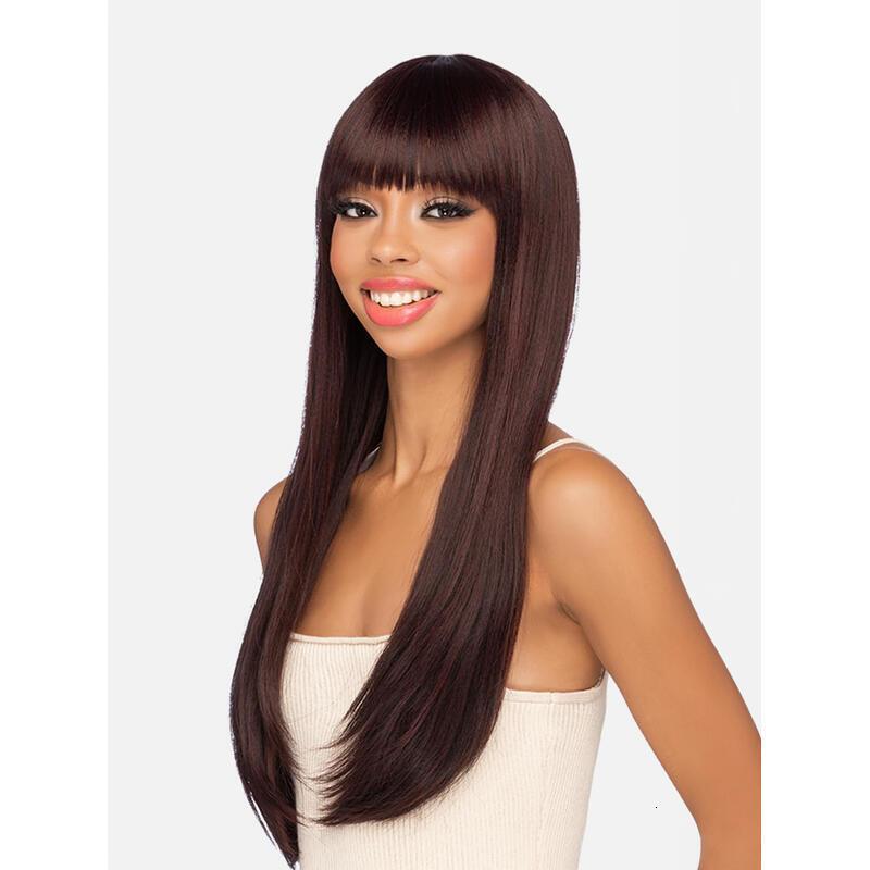 ENTRANCED STYLES en brown Women Long Straight with Bangs Black Hair Wigs Heat Resistant Synthetic Womens Wig for Daily Party Use 24 Inch