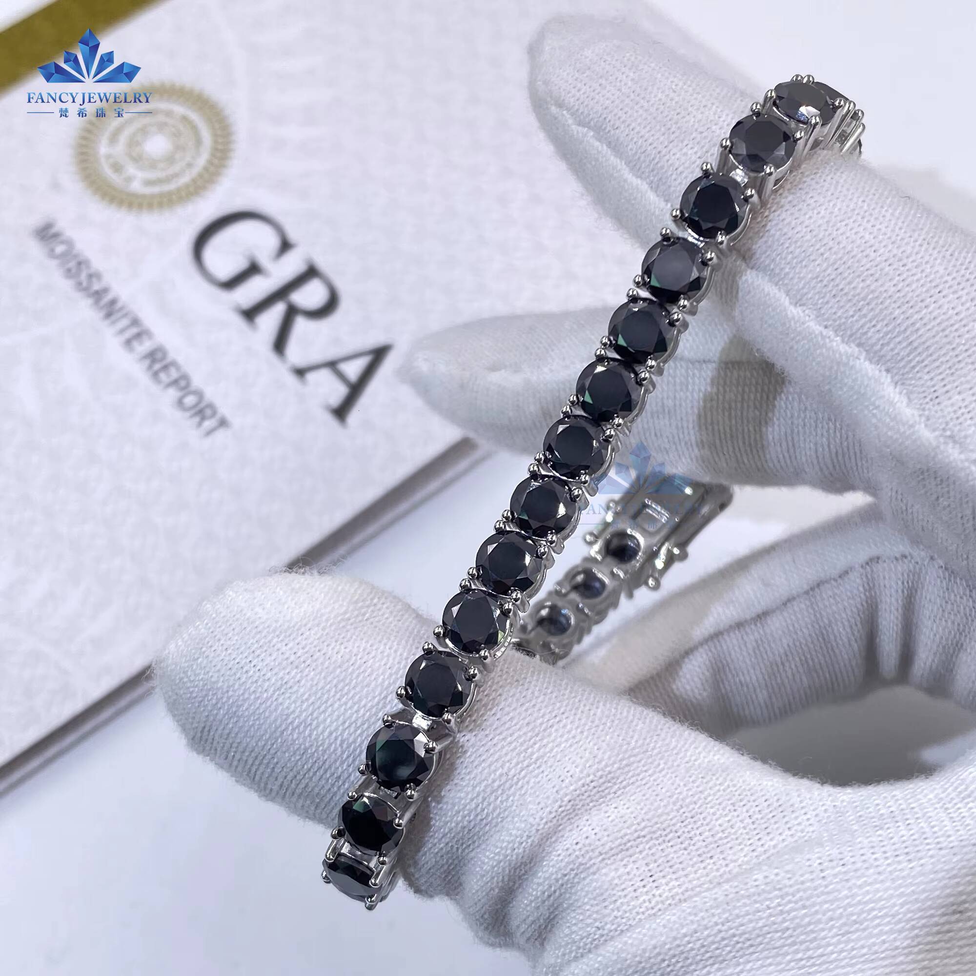 Hip Hop Jewelry 925 Sterling Silver Gold Plated Black Moissanite Diamond Tennis Bracelet