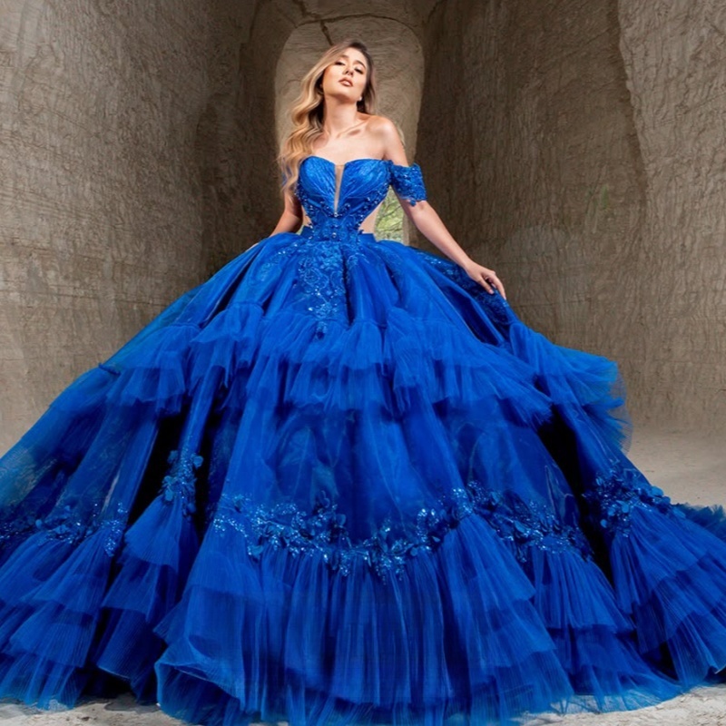 Royal Blue Shiny Princess Quinceanera Dresses Off Shoulder Beads Applique Lace Tiered Tull Sweet 16 Dress Ball Gown Vestidos 15 Anos