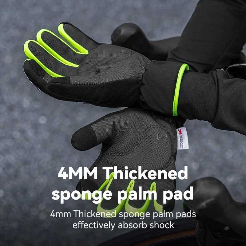 ROCKBROS Cycling Gloves Winter Windproof Keep Warm Reflective Gloves Thickened Palm Pad Touch Screen Night Cycling Glove MTB MenC250412