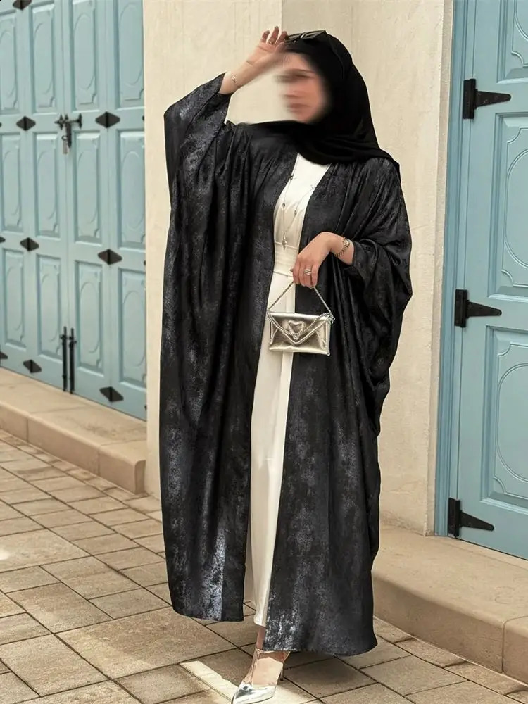 Ramadan Eid al Fitr Shining Batwing Satin Open Kimono Abaya Damen Dubai y Islamic Muslim Kaftan Womens Caftan Marocain 250411