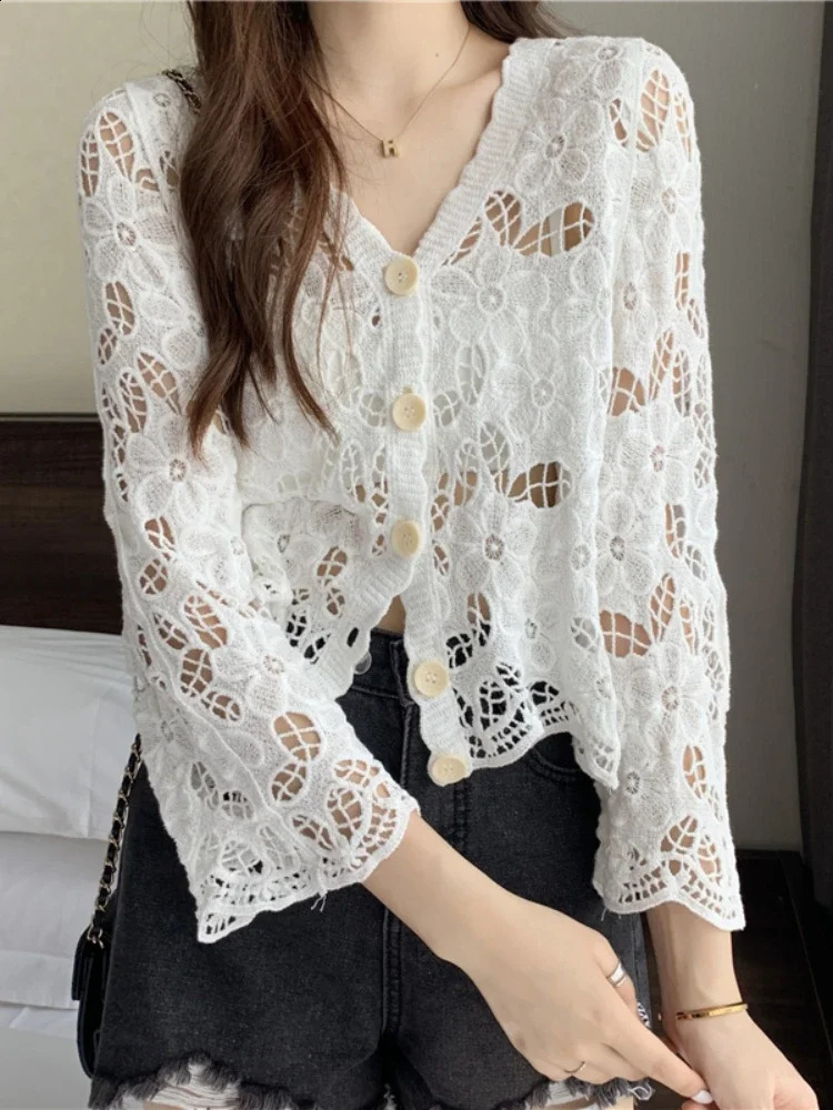 V-neck Solid Lace Long-sleeved Openwork Button Long Sleeve Top Cover-ups Blouse Women Cardigan Hollow Mesh Cardigan Knitwear 250411