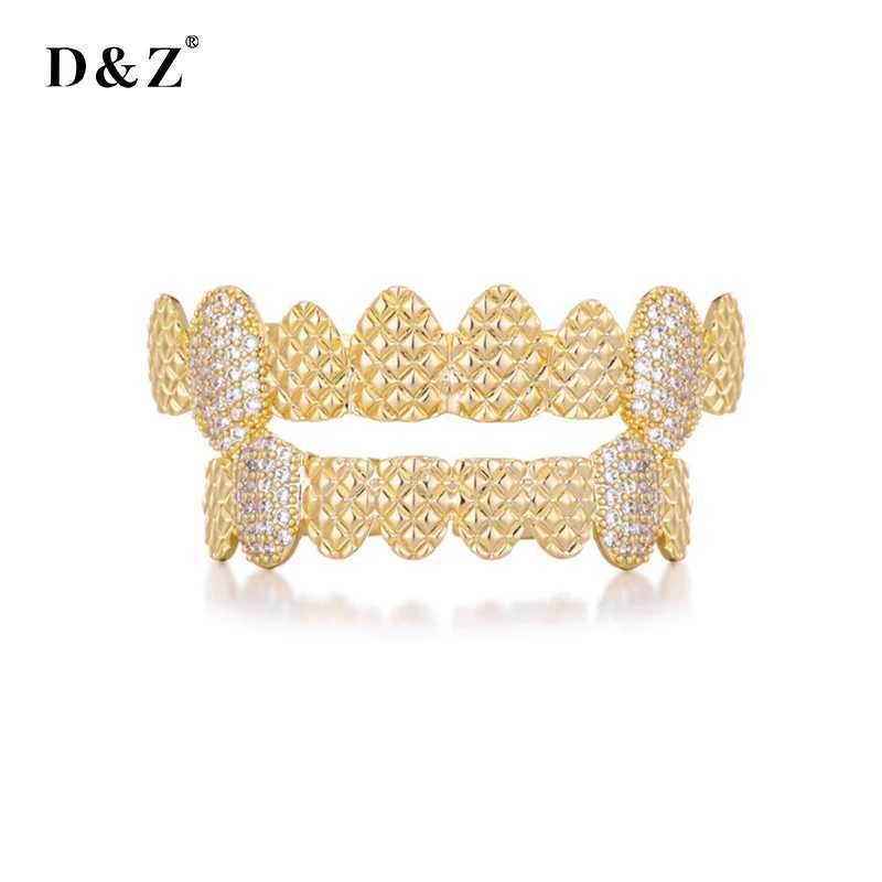 D Z New Vampire CZ Stone Teeth Grillz Top and Bottom Grill Brass Material Tooth Hat Role Playing Party Rap Singer Hip Hop Jewelry W250412