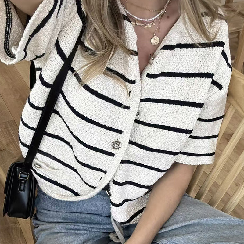 Valentine's Day Spring Summer Women's two-tone splicing striped casual vacation sweater top cardigan retro metal buckle design comfortable f