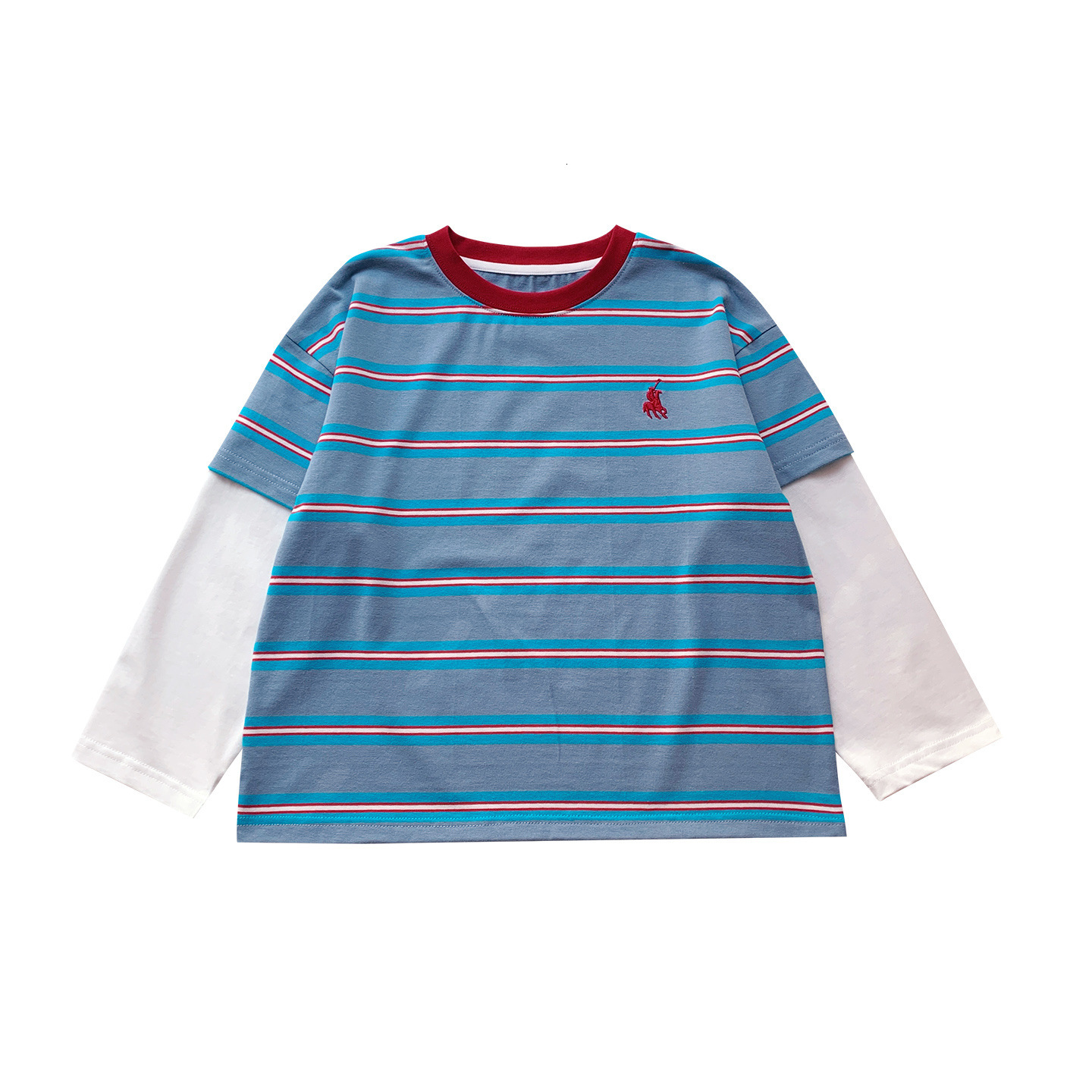 Ddmyshoesvip Boys Spring Collection Clothing Western Embroidery Top Fake Two Piece Striped Children S T Shirt Trendy