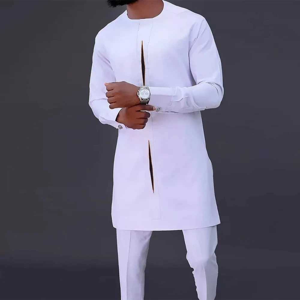 2025 mens elegant long sleeved suit shirt pants 2-piece round neck splicing solid color party long sleeved African ethnic styleXJ250412