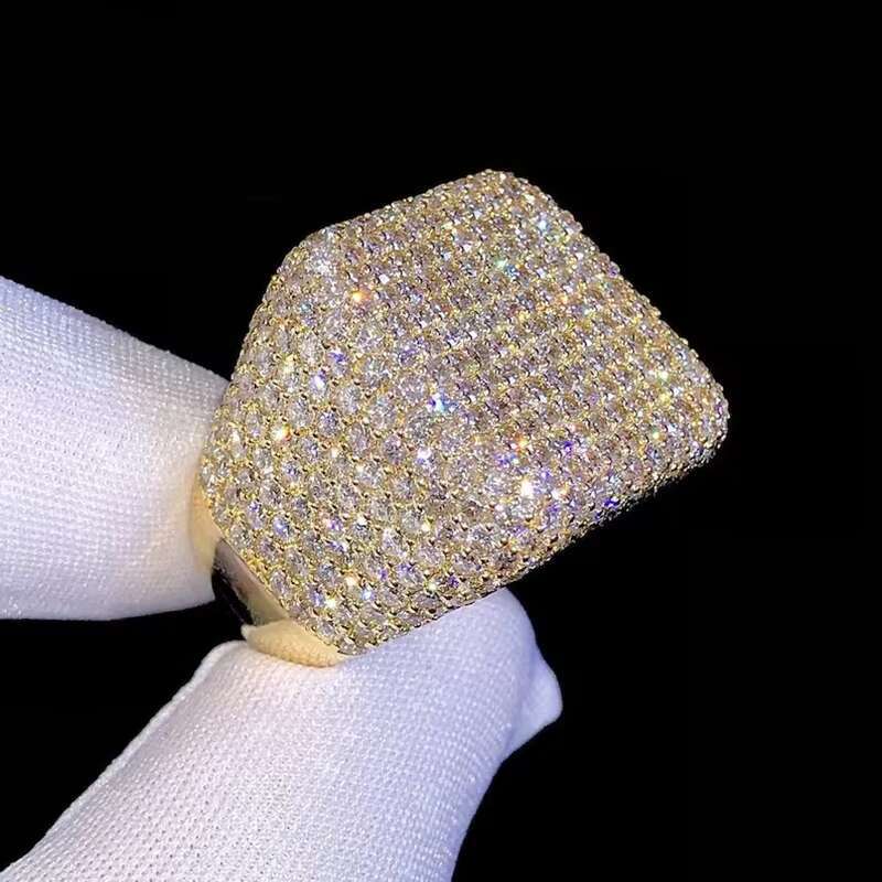 Hip Hop Jewelry Luxury 14K Gold Plated Solid 925 Sterling Silver Iced Out Paved VVS Moissanite Diamond Ring for Men Women Party