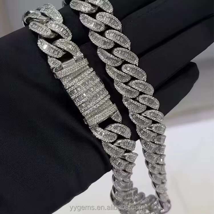 New Arrival Baguette Moissanite Cuban Link Chain Rapper Necklace 18mm S925 Silver VVS Baguette Moissanite Cuban Chain for Men
