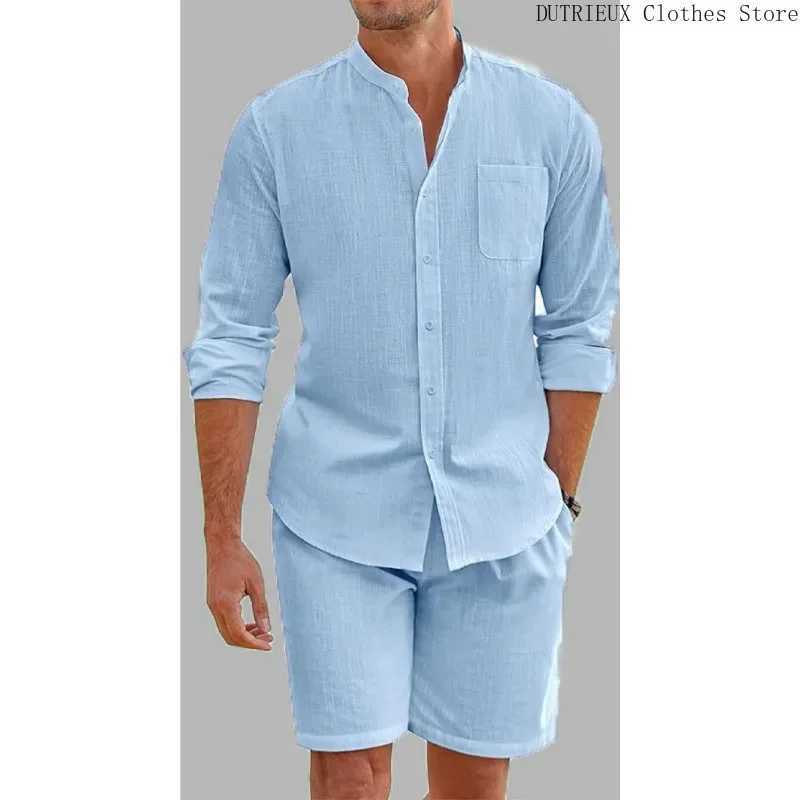 Soft and comfortable solid color mens shirt and shorts summer mens cotton linen long sleeved shirt two-piece setXJ250412