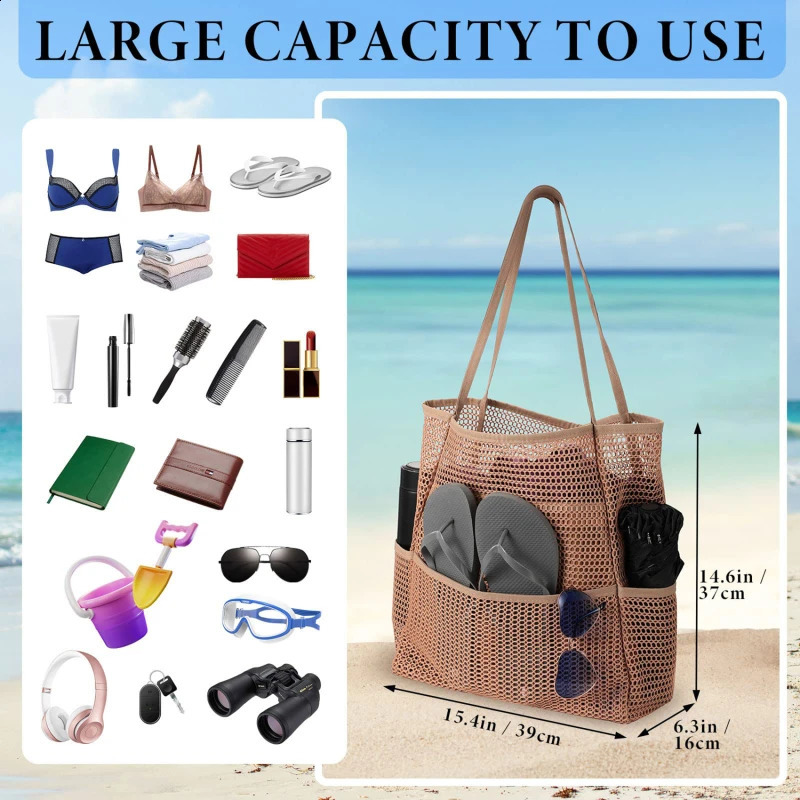 Multi Pockets Summer Beach Bag For Towels Mesh Durable Travel Handbag Toys Organizer Waterproof Underwear Swimming Storage Bag 250407