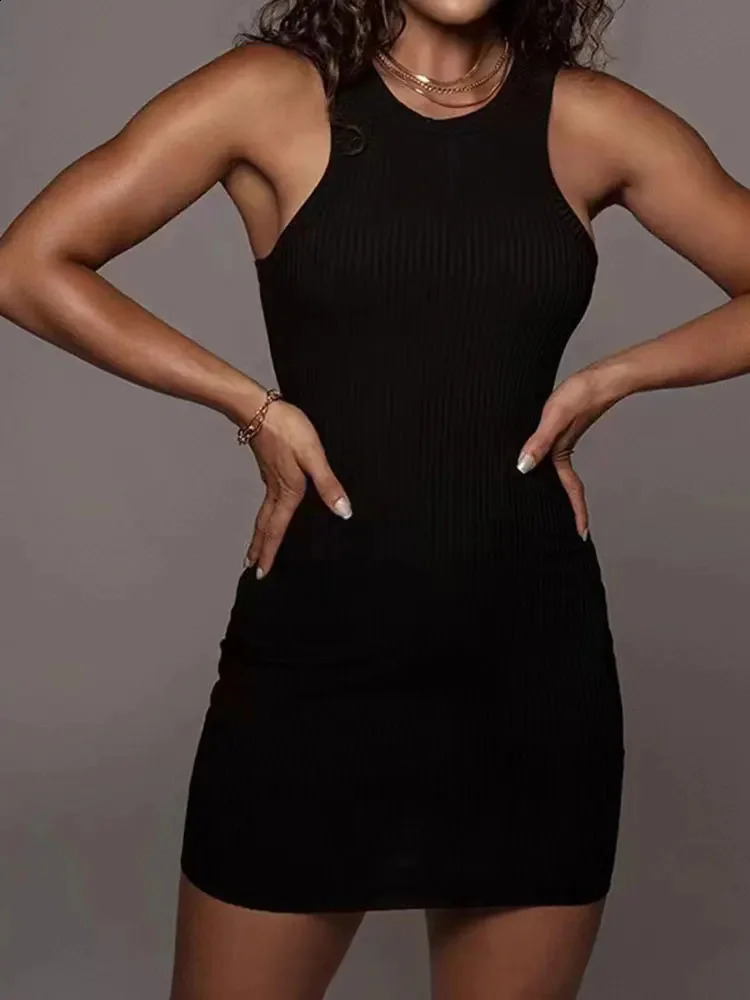 Black ribbed body summer dress sexy vest sleeveless club party mini solid color tight 250411