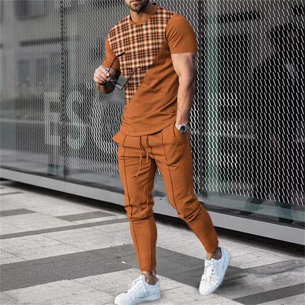 Mens sportswear set 2-piece short sleeved T-shirt+sweatpants set mens streetwear retro sportswearXJ250412