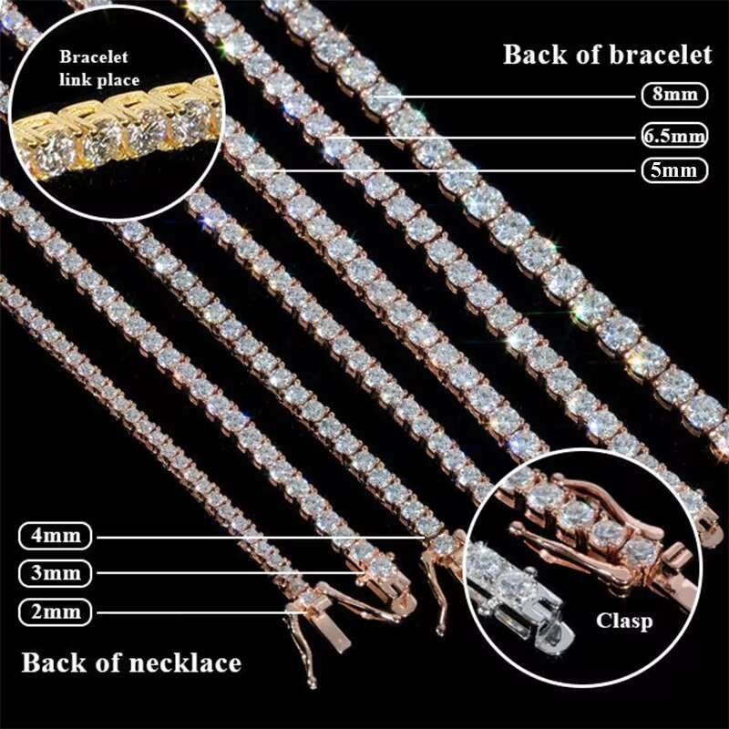 Wholesale 14k 18k Yellow Gold Plated Vvs Moissanite Diamond Tennis Chain Necklace 3mm 4mm 5mm Silver Fine Jewelry Bracelet Men