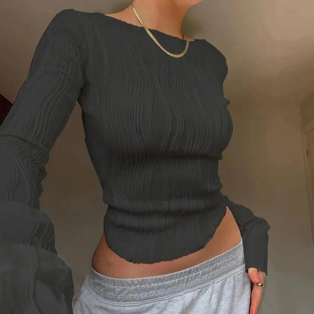 Fashionable Bodycon shirt lightweight womens long sleeved simple pleated short stretchy retro streetwear 250407