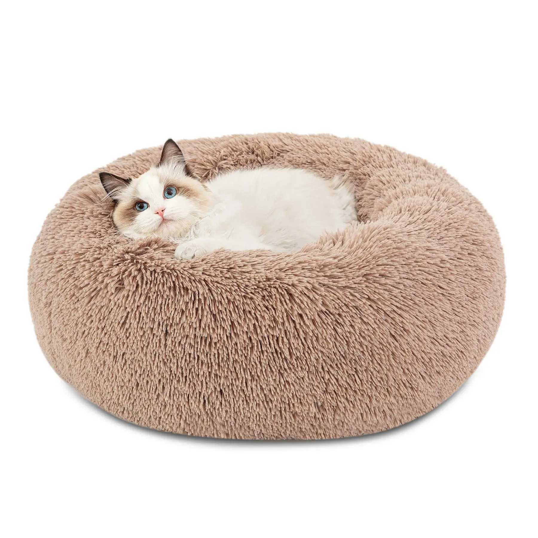 Bedroom calming dog bed for large medium and small dogs - Donut washable small pet bed non slip round fluffy faux fur cat bed X250412