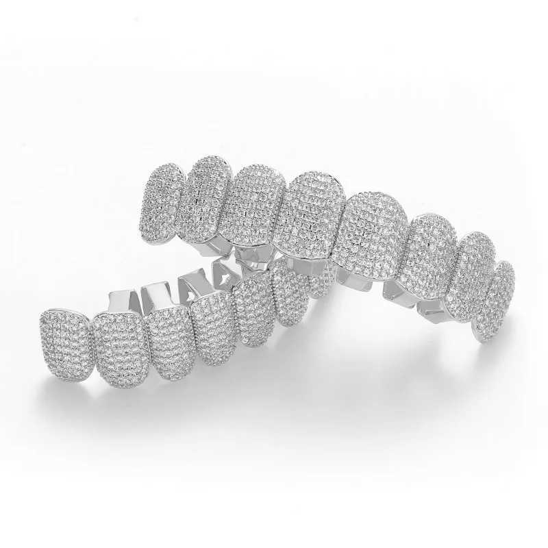 Hip Hop Iced Out Zircon Teeth Grill is suitable for women and mens body piercing jewelry cubic zirconia gold teeth grill 8/8 top hat set W250412