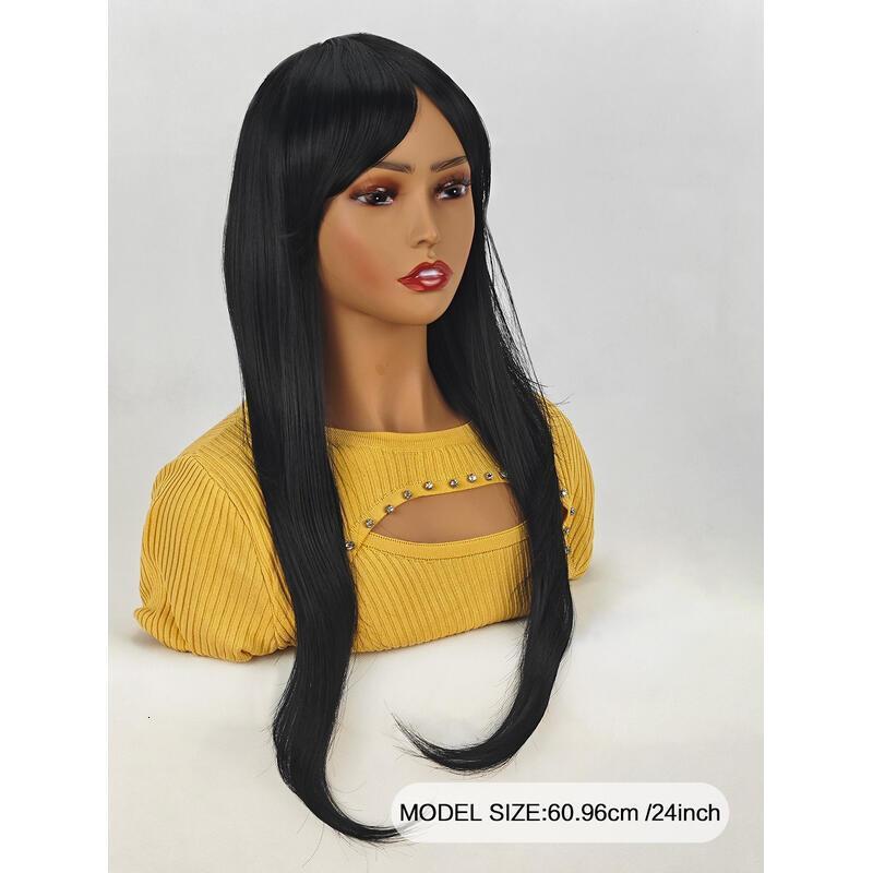 ENTRANCED STYLES Natural Women Long Straight with Bangs Black Hair Wigs Heat Resistant Synthetic Womens Wig for Daily Party Use 24 Inch