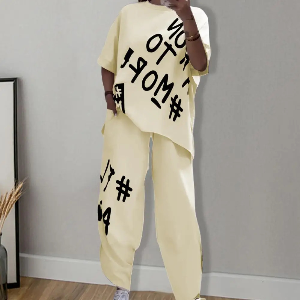 Summer Fashion Sporty Style Two Piece Set Women Casual Letter Print Tshirt Drawstring Sports Pants Two Piece Set Women 250411