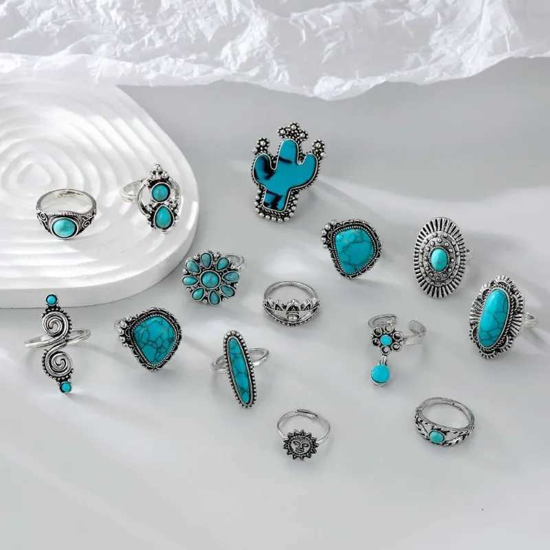 14 pieces/set Bohemian turquoise geometric ring womens retro version fashionable cactus carved natural stone ring jewelry set newXJ250412