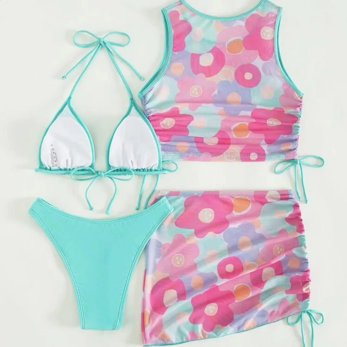 Sexy Bikini Four-piece Set Womens Printed Mesh Swimsuit 250411