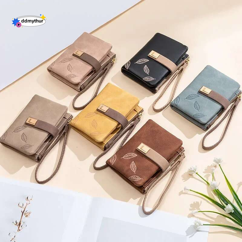 Fashion Female Wallet Short Leaf Print Women Small Nubuck Leather Purse with Wrist Strap ddmythur