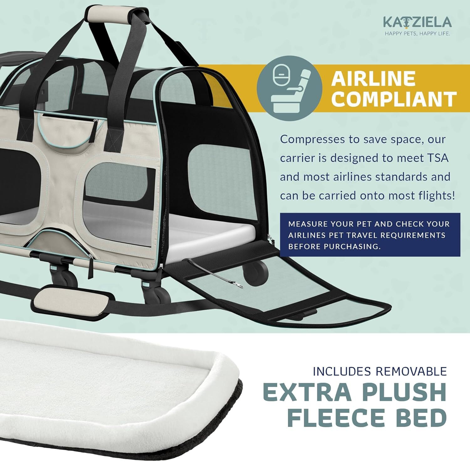 Katziela Rolling Pet Transport Bag - Airline Standard Dog Cage - TSA Approved Small Dog and Cat Pet Transport Bag - Soft FAA Travel Airplane Dog Lugga