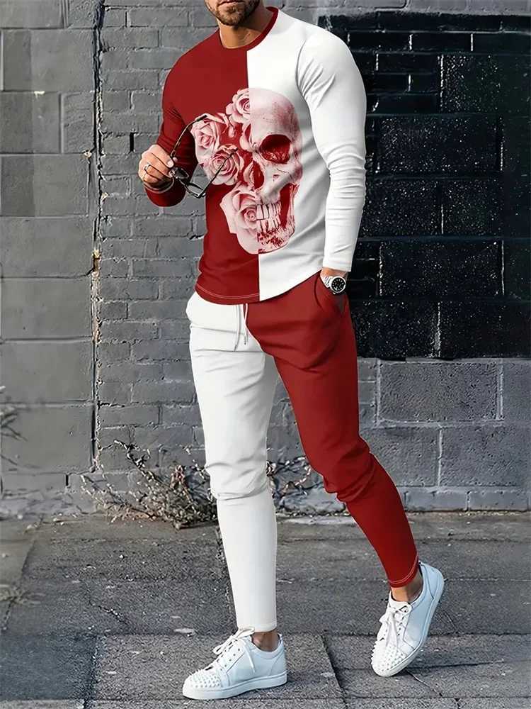 Autumn mens sportswear mens long sleeved T-shirt long pants set retro quilted printed casual street top two-piece clothingXJ250412