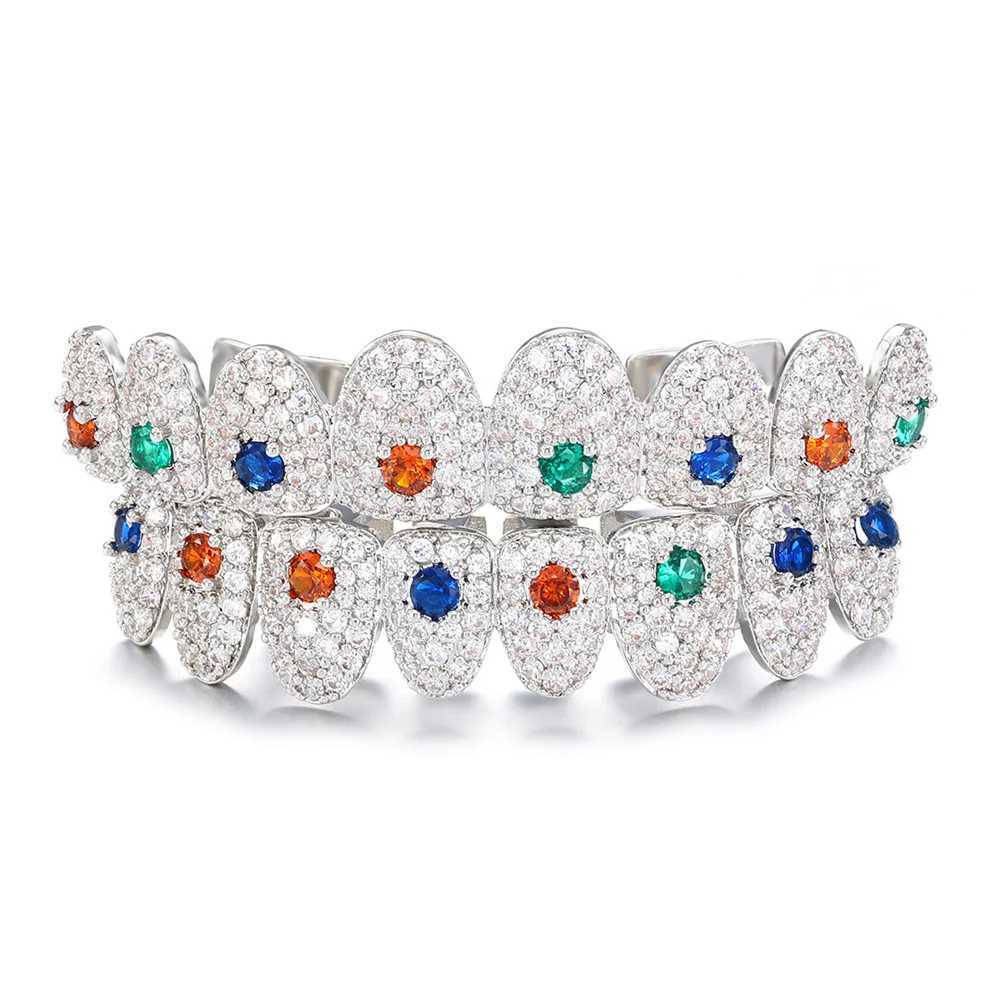 Hip Hop CZ Teeth Grillz Hat Multi colored Stone Cube Zircon Ice Out Top and Bottom Charm Grill Mens Jewelry Christmas Gift W250412