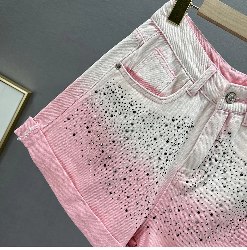 Korean Fashion Diamond Gradient Wide Leg Denim Shorts Womens Autumn High Waist Slim Jean Short Pant Trendy Streetwear 250411