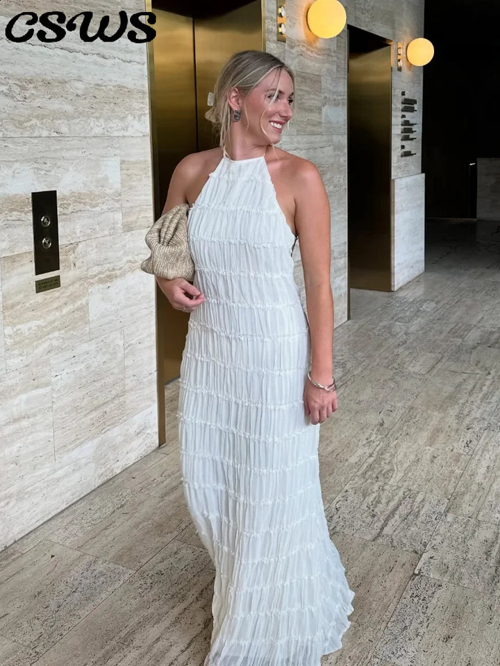 Elegant Halter Long Dress Women Solid Lace Up Backless Sleeveless Loose Holiday Dresses Female 2025 Summer Lady Beach Vestidos 250409