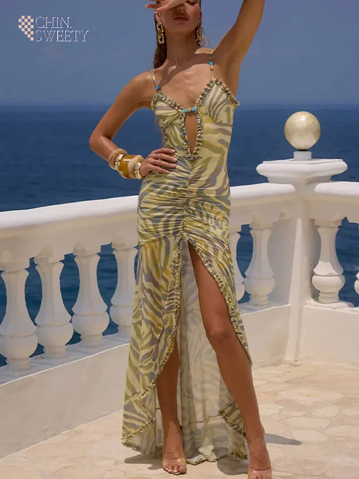 Elegant printed pleated long Vestido womens fashionable hollow sleeveless shoulder Vneck Maxi dress holiday clothing 250411