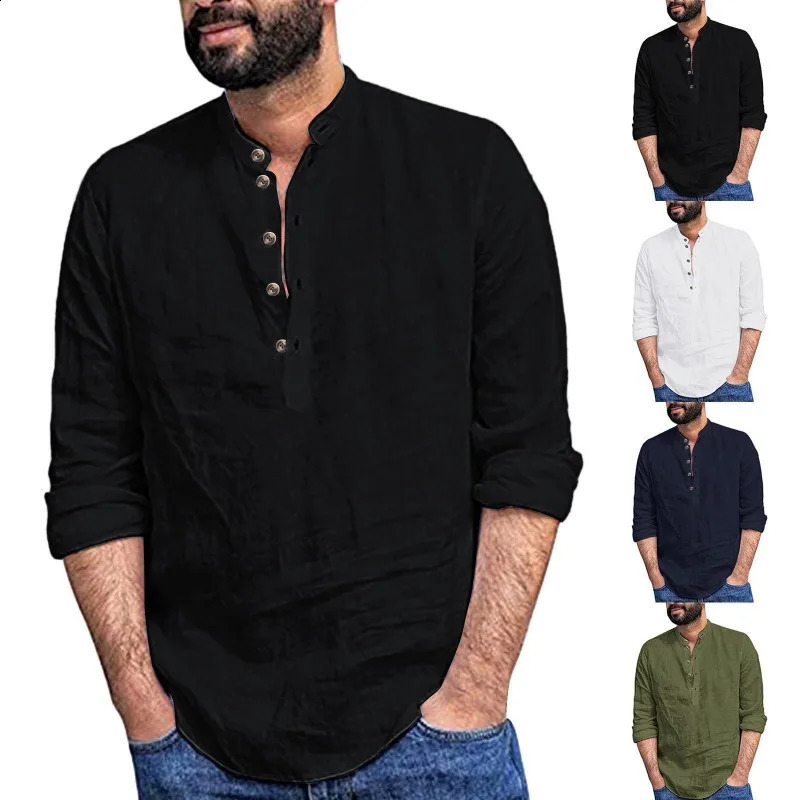 Mens Shirt Loose and Versatile Solid Color Stand Up Collar Cotton Linen Long Sleeved Stock Black 250411