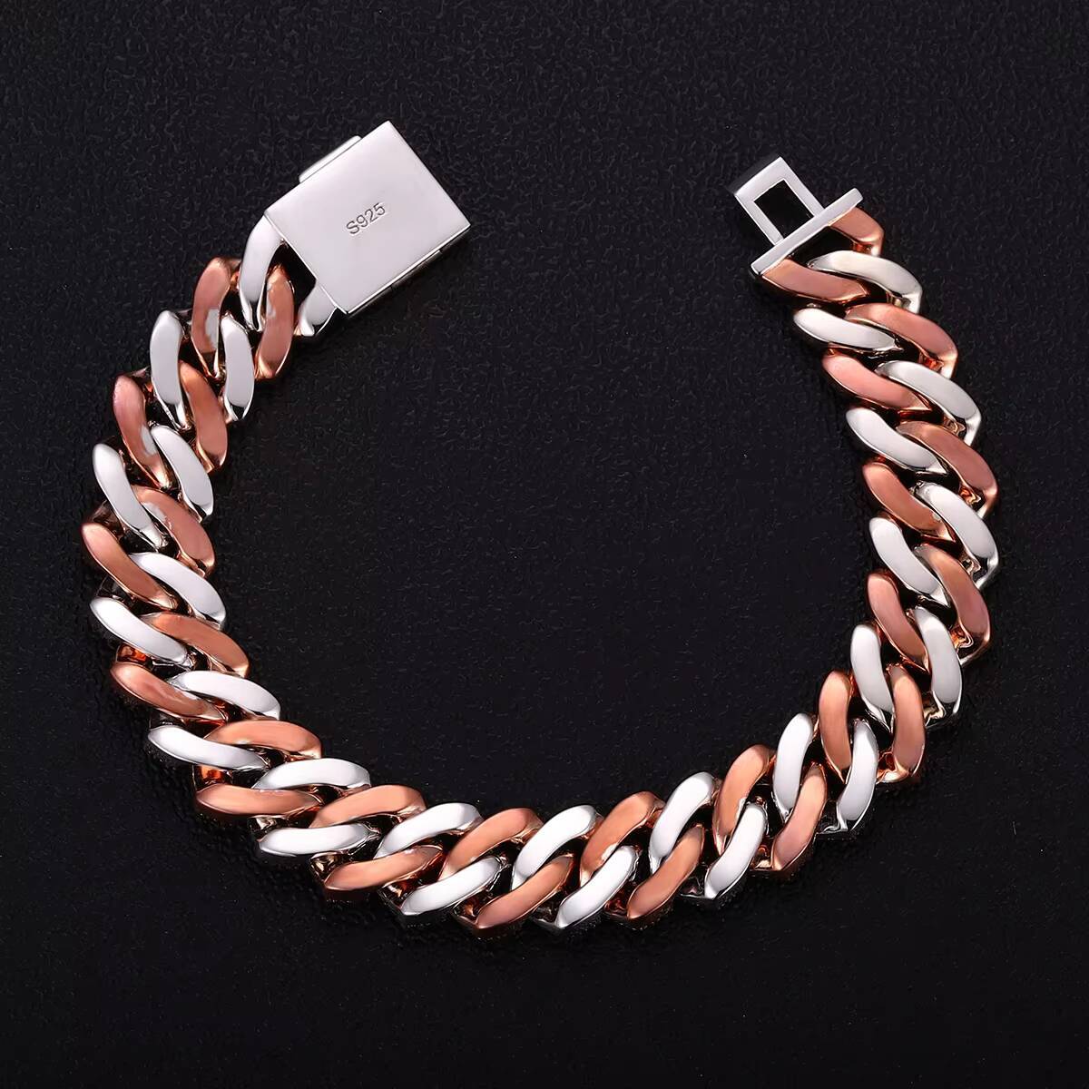 New Product Two 2 Tone Rose Gold and White 3 Row 15mm VVS Moissanite Bracelet 925 Solid Sterling Silver Cuban Chain Link Men