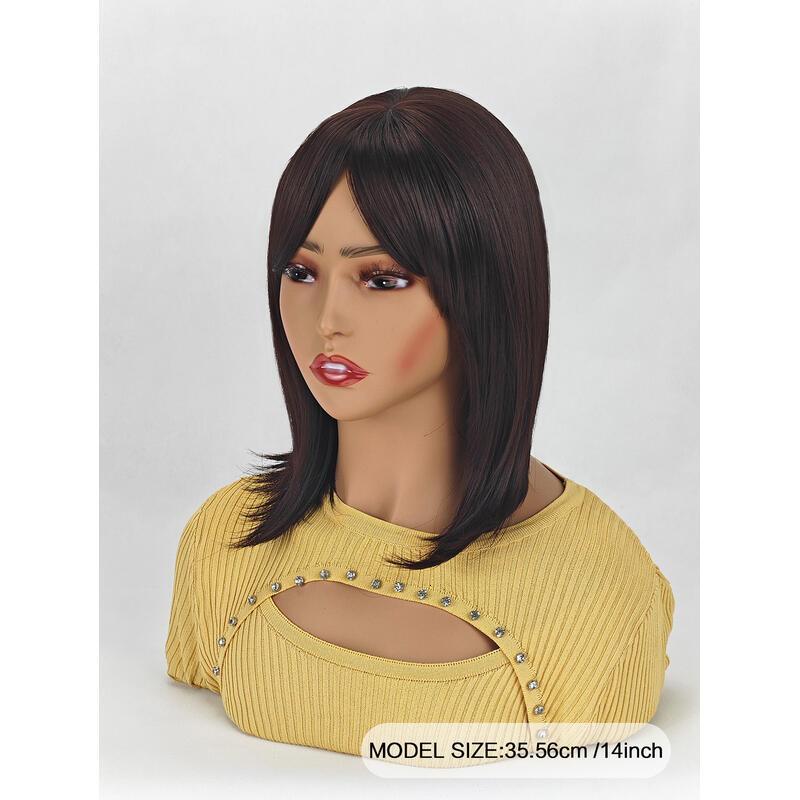 Medium-length straight hair fully hined 14 inches heat-resistant fiber high temperature silk dyeable and permable bangs synthetic wig Short Bob for en