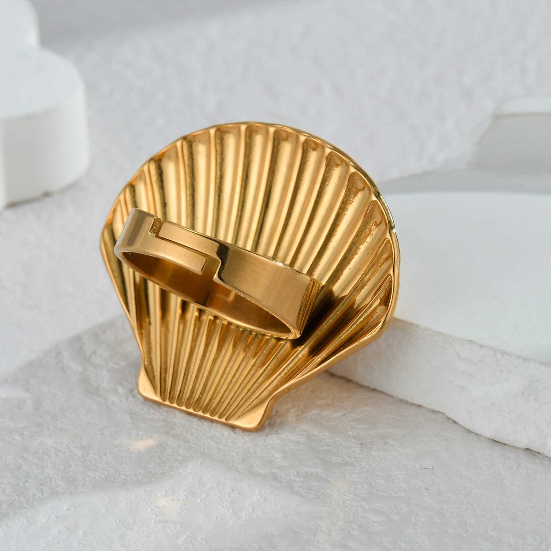 Freeteeme Ocean Element Ring Mens Stainless Steel Gold Sea Star Shell Open Ring Sea Series Jewelry Couple GiftXJ250412