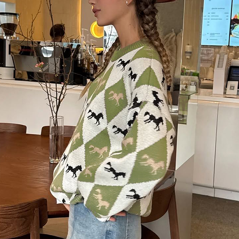 Women's contrast color sweater round neck long sleeve autumn winter casual style pullover sweater street style loose fashion elements all-match h