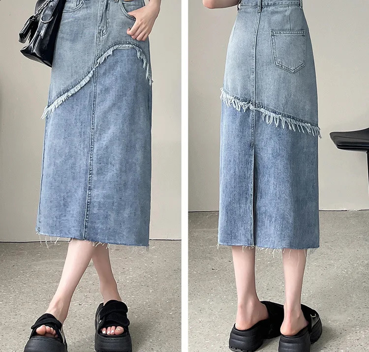 Street Fashion Split Denim Half Body Skirt Womens Spring and Summer High-waisted Mid-length Personality Bag Buttock Skirt 250407