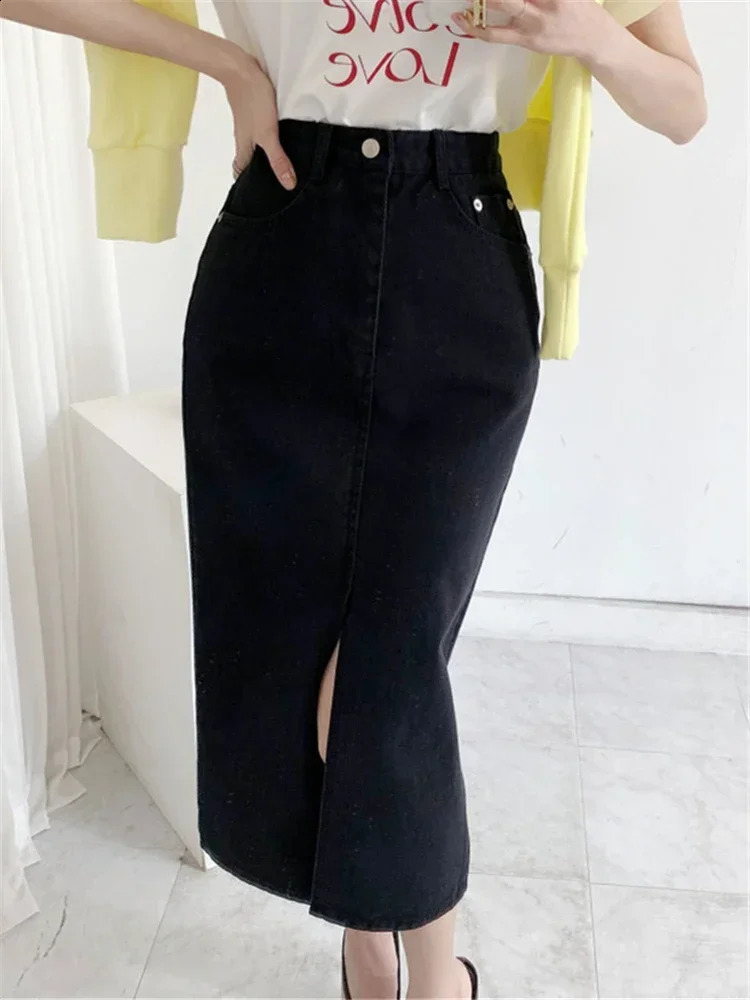 REALEFT Spring Summer High Waist Womens Denim Pencil Skirts Casual Front Split Jeans Pink Wrap Midi Skirts Female 250407